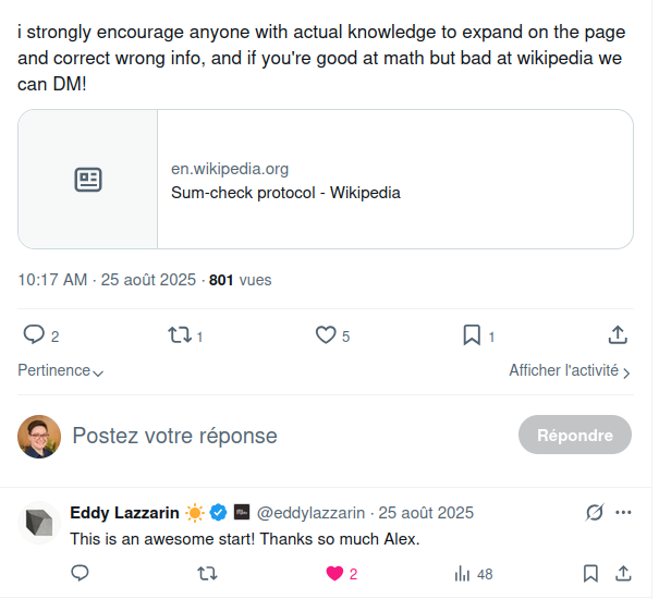 Fil X/Twitter : le post d'Alex invitant la communauté à compléter la page Wikipédia « Sum-check protocol », suivi de la réponse d'Eddy Lazzarin (a16z, compte vérifié) : « This is an awesome start! Thanks so much Alex. »